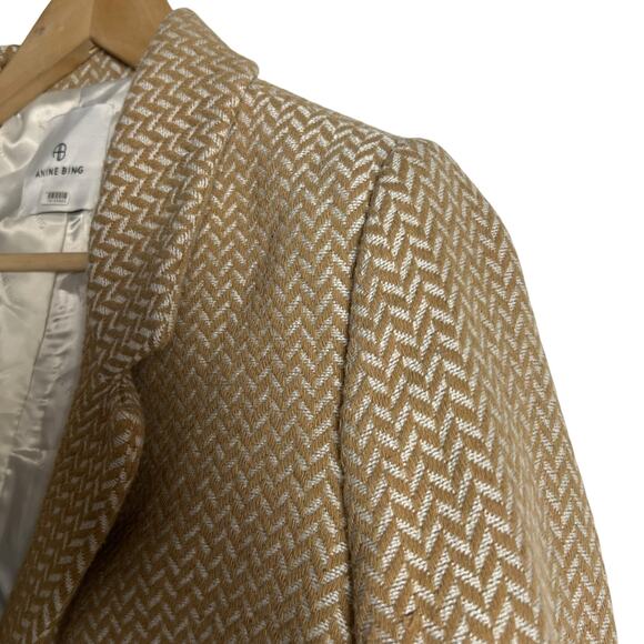 Anine Bing Tan Fishbone Wool Blend Double Breasted Relaxed Blazer Jacket Size S - Picture 8 of 16